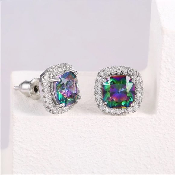 New Rainbow Square Cut Unisex Diamond Earrings - Picture 4 of 6